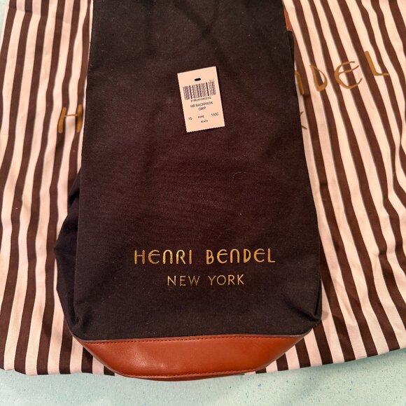 Henri Bendel New York Black Canvas Faux Leather Drawstring Bucket Backpack 13” - Picture 2 of 3